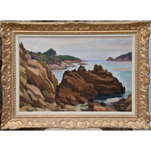 Gustave Patriarche "Rochers en bord de mer" Huile Sur Toile 46x65